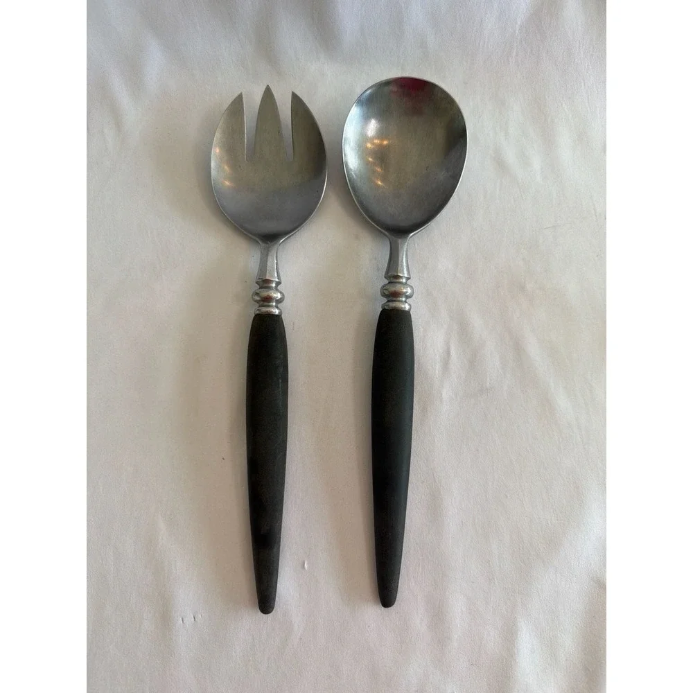 Vintage Guildcraft MCM Forged Stainless Steel 2-Piece Salad Serving Set Black Ha